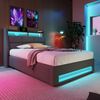 Polsterbett 90x200 cm, Leinen, mit LED & USB-Anschluss, Stauraum, Grau/Beige, mit Matratze Bild 5