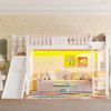 Hochbett, Einzelbett(Ohne Matratze), Kinderbett, mit LED-Leuchten, mit Regalen, mit Rutsche, EN747 zertifiziert, Kiefernholz, 90x200cm, Weiß Bild 2