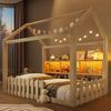 Merax Kinderbett, 90x190cm, Einzelbett mit Gitter, Mit LED-Lichtleiste, Offene Staufächer, Hausdesign, Hausleiste, Kiefernholz, ohne Matratze, Natur Bild 5