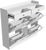 Schuhschrank aus Spanplatte mit 4 Klapptüren, 2 Schubladen & offenen Fächern, 110x26x100 cm, Weiß Bild 3