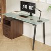 130*50*75cm moderner Schreibtisch mit Glasplatte, Stahlrohrgestell, drei Schubladen und offenem Ablagefach, gehärtetes Milchglas, schwarze Griffe, Braun Bild 5