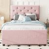 Polsterbett 90x200 cm mit Rollbett – Flanellbett mit Lattenrost, Bett mit ausziehbarem Gästebett, Knopfdesign Kopfteil,Rosa Bild 4