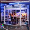 Eisen-Hochbett 140 × 200 cm, Langer Schreibtisch Und Lange Lochwand, Kleines Dreieckiges Regal, Mit Euro-Steckdosen Und LED-Lichtleiste, Mehrstöckige Ablagefächer, Hohe Umzäunung,Weiß Bild 5