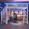 Eisen-Hochbett 140 × 200 cm, Langer Schreibtisch Und Lange Lochwand, Kleines Dreieckiges Regal, Mit Euro-Steckdosen Und LED-Lichtleiste, Mehrstöckige Ablagefächer, Hohe Umzäunung,Weiß Bild 3