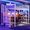Eisen-Hochbett 140 × 200 cm, Langer Schreibtisch Und Lange Lochwand, Kleines Dreieckiges Regal, Mit Euro-Steckdosen Und LED-Lichtleiste, Mehrstöckige Ablagefächer, Hohe Umzäunung,Weiß Bild 2