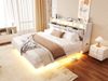 Merax Polsterbett 180 x 200 cm, Doppelbett, Umklappbares Kopfteil Mit Steckdose und Ablagefach, LED-Beleuchtung, Schwebendes Bettdesign, Samtstoff, Beige Bild 5