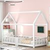 Kinderbett Hausbett 90x200 cm mit Rausfallschutz und Tafel – aus massivem Kiefernholz und MDF in Weiß Bild 2