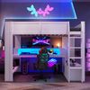 Hochbett,90*200cm ,Gaming Bett mit Schreibtisch, Mit LED-Leuchten, Schreibtisch,Schublade, Regale, ohne Matratze, Weiß Bild 2