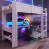 Hochbett,90*200cm ,Gaming Bett mit Schreibtisch, Mit LED-Leuchten, Schreibtisch,Schublade, Regale, ohne Matratze, Weiß Bild 4