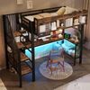 Merax Hochbett 90x200 cm, Kinderbett Vintage Braun-Schwarz mit Eckschreibtisch, Stauraum & Lochplatte, Steckdose USB Typ-C & LED Bild 2