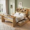 Merax Doppelbett 140 x 200cm, Jugendbett mit Stauraum, Bettgestell mit Kopfteilregal, ausziehbarer Schublade und verstellbarem Klapptisch, flexible Schubladenmontage, Naturholzfarbe Bild 3