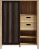 Forte JYTANA Schrank 100 105, skandinavischer Schrank mit 2 Schubladen, Schranktür und 3 offenen Fächern, Mauvella Eiche mit Schwarz, 103,4 cm breit x 129,9 cm hoch x 40,2 cm tief Bild 2