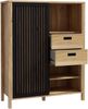 Forte JYTANA Schrank 100 105, skandinavischer Schrank mit 2 Schubladen, Schranktür und 3 offenen Fächern, Mauvella Eiche mit Schwarz, 103,4 cm breit x 129,9 cm hoch x 40,2 cm tief Bild 5