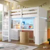 Hochbett mit Schreibtisch, LED-Streifen, Schubladen, Regal, Kleiderschrank und Lattenrost, 90x200cm, Kinderbett mit Rausfallschutz, Kiefer Bild 2