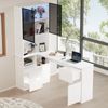 Flieks Eckschreibtisch mit LED-Vitrine & Regal 120×80×180 cm, Computertisch mit 3 Schubladen, 2 Türen, Haustierfach, Linke Ecke, Weiß Bild 3