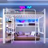Hochbett 140x200 cm mit LED-Lichtleiste, Ablagefach und Kleiderstange – Metall und MDF, Weiß Bild 2