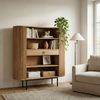 Bücherregal Massivholz Akazie 105x122 cm Lamellen Design - Offenes Standregal mit Schublade - Stauraumregal Metallbeine - Wohnregal Wohnzimmer - Kleiner Schrank Regal Handmade Bild 3