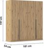 rauch Kleiderschrank Alba, Drehtürenschrank, Garderobenschrank, 4-türig, mit 3 Kleiderstangen, 4 Einlegeböden und Schubladeneinsatz, Farbe Eiche Artisan, Holz, Griffstange Grau metallic, Schwarz, 181x197x54cm Bild 4