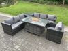 Fimous 7-Sitzer Rattan Gartenmöbel Sofa Set Outdoor Patio Gas Feuerstelle Esstisch Gas Heizung Brenner mit Sessel Beistelltisch Dunkelgrau gemischt Bild 3