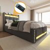 Merax Polsterbett Kinderbett 90x200cm mit LED-Beleuchtung und USB-Steckdose, Kopfteil mit Einlegeböden und Stauraum, Mit Hydraulik für die Lagerung, Einzelbett, Leinen Grau Bild 2