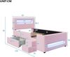 Gepolstertes Plattformbett 90x200 cm mit Treppe, Schubladen, LED-Lichtleisten, USB und Aufbewahrungstaschen, Rosa Bild 5