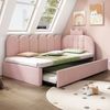 Merax Einzelbett 90x200 cm, Kinderbett, Polsterbett mit 90x190 cm Ausziehbett, Niedliches Kronen- und Gitterdesign, Samt, Rosa Bild 2