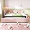Merax Einzelbett 90x200 cm, Kinderbett, Polsterbett mit 90x190 cm Ausziehbett, Niedliches Kronen- und Gitterdesign, Samt, Rosa Bild 3