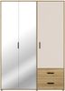 Forte MOKKARO Kleiderschrank 140 150, moderner Drehtürenschrank, 3-türig, 2 Schubladen, Spiegel, Mauvella Eiche Holzdekor|Kaschmir Beige, 144,4 cm breit x 200,1 cm hoch x 52,7 cm tief Bild 2