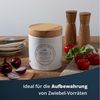 KHG Zwiebeltopf Keramik Steingut Weiß Holzdeckel Bambus, Zwiebel Aufbewahrung für 1kg oder Kapazität 3 Liter, Zwiebeldose rund, atmungsaktiven Luftlöcher & Beschriftung, spülmaschinengeeignet Bild 2