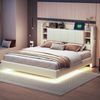Merax Polsterbett 160 x 200 cm, Mit USB-Steckdose und Lichtleiste, Wendbares Kopfteil mit Ablagefächern und Einlegeböden mit kleinen Ablagefächern, Stabiler Metallrahmen, Leinenstoff, Doppelbett Beige Bild 2