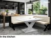 MEBLINI Eckbank für Esszimmer mit ausziehbarem Tisch - Küchenbank - Essecke - Sitzecke Küche - TONI - X-Beine 142x196x87cm Rechts - Creme Samt/B Weiß Matt Bild 2