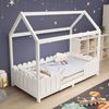 Kinderhausbett 90x200 cm aus Kiefernholz, mit Dach & Zaun, Rausfallschutz, Montessori Bett für Mädchen & Jungen,Weiß Bild 4