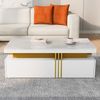 Couchtisch 100 × 50 × 40 cm Weiß mit Marmoroptik und goldenen Metallstreifen, Sofatisch, Wohnzimmer Tisch Bild 2
