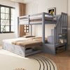 Etagenbett, 90 x 200 cm,Ausziehbett 90/180*190cm, mit Stauraumleiter mit mehreren Schubladen, Ausziehbettfunktion, Jugendbett, Lattenrost, Holzbett, Grau Bild 2