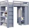 Kinder-Hochbett 90x200 cm mit Stauraum, Rollwagen, Regalen, Kleiderablage, Massivholz, Jugendzimmer,Grau Bild 5
