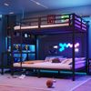 Etagenbett,Eisenrahmen Ablagefach Schreibtisch mit LED-Lichtleiste USB-Anschluss Sicherheitsgeländer Leiter ohne Matratze,Eisen,schwarz,140 x 200 cm Bild 5