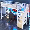 Hochbett 90 x 200 cm mit Eisenrahmen, Ablagefach, Leiter mit Stauraum, Schreibtisch, LED-Lichtleiste, USB-Anschluss, ohne Matratze, Weiß Bild 2