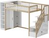 Hochbett 90x200 cm mit Kleiderschrank, Regalen und Leiter mit Stauraum – Weiß/Naturholz Bild 3