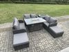 Fimous Rattan Outdoor Gartenmöbel Sofa Set Gas Feuergrube Esstisch Gasheizung mit Beistelltisch Liebe Sofa 2 Großer Fußhocker Dunkelgrau Gemischt Bild 3
