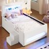 Merax Polsterbett Einzelbett 90x200cm mit Led, Kinderbett mit Schublade und zweistufiger Treppe, Kinderbett mit Rausfallschutz, PU, Weiß Bild 2