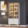 Glasvitrine Weiß mit teefarbenen Glastüren, 2 Schubladen, LED 16 Farben, verstellbaren Einlegeböden, goldenen Füßen, 150 cm Bild 4