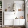 Kombinierte Garderoben-Set für Eingangsbereich, schmaler Klapp-Schuhschrank, zweitüriger Staurschrank, einteilige Garderobenwand mit Metallhaken, multifunktionaler Diele Kombischrank aus Spanplatte+MD Bild 5