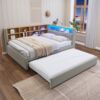 Merax Daybett Schlafsofa 140*200,Ausziehbett 90*190, ausgestattet mit LED Leuchten, Steckdosen und vielen Ablagefächern, Polsterbett, Multifunktionsschlafsofa, Einzelbett, Flanell, Hellgrau Bild 3