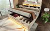 Polsterbett Leinen mit LED & USB-Anschluss, Stauraum, 146x225x111 cm, Beige, ohne Matratze Bild 4