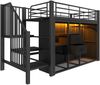 Hochbett 90x200 cm, Metall & MDF, Schwarz, mit 2 Schubladen, offenem Kleiderschrank und mehrfarbiger LED Bild 5