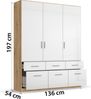 rauch Kleiderschrank; Drehtürenschrank CELLE, 3-türig, 6 Schubkästen, Hochglanz alpinweiß/Eiche Artisan, 136x197x54xcm Bild 4