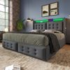 Polsterbett 160x200 cm mit Stauraum, LED und USB-C – Doppelbett aus Baumwoll-Leinenstoff in Grau Bild 4