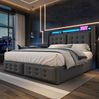 Polsterbett 160x200 cm mit Stauraum, LED und USB-C – Doppelbett aus Baumwoll-Leinenstoff in Grau Bild 2