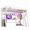 Hochbett 90x200 cm mit Eisenrahmen, LED-Lichtleiste, Steckdose, Kleideraufhängung, Schreibtisch und Staufächern, Weiß Bild 2