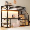 Merax Hochbett, Kinderbett, 90×200 cm, Jugendbett, mit LED-Lichtleiste und Steckdose, mit Aufbewahrungsleiter, Regalen und Tisch, Schwarz Bild 3
